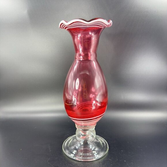 Art Glass Vase Cranberry With White Lines Footed Clear Bottom Glass Ruffled Top - Picture 11 of 12